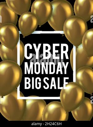 Modèle d'affiche pour les ventes Cyber monday avec ballons dorés réalistes.Illustration vectorielle. Illustration de Vecteur