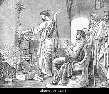 Illustration de la fin du XIXe siècle de Saint Paul prêchant le christianisme en Grèce.Selon le livre du Nouveau Testament actes des Apôtres, Paul a été envoyé dans trois missions distinctes pour diffuser la parole de Jésus au reste du monde.Il a fait deux voyages missionnaires en Grèce pour amener le christianisme à son peuple; de là, il s'est propagé rapidement à tous les autres pays d'Europe occidentale de l'époque. Banque D'Images