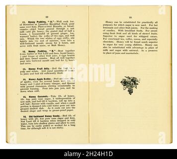 À l'intérieur de la page des recettes de miel, y compris des puddings, et une plaque de note de bas de page de bouquet de raisins d'origine des années 1920's Healthy mangeant brochure de la Santé de la Food library (no.12),Par le célèbre écrivain de l'époque et propriétaire du premier magasin d'aliments santé - James Henry Cook - celui-ci dans la série intitulée « Honey and the Bee » comprend des recettes utilisant le miel, publié à Birmingham, Angleterre, Royaume-Uni en 1927 Banque D'Images