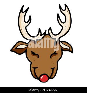 Tête de cerf de Noël marron avec contour de style Doodle Illustration de Vecteur