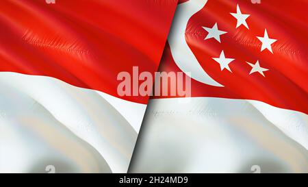 Drapeaux de l'Indonésie et de Singapour.Motif drapeau en relief.Indonésie drapeau de Singapour, image, papier peint.Image Indonésie vs Singapour, rendu 3D.Indones Banque D'Images