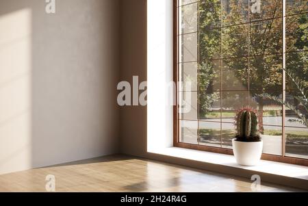 Intérieur avec plantes d'intérieur décoratives sur fond de mur vide, illustration 3D, rendu cg Banque D'Images