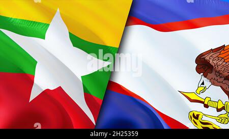 Drapeau du Myanmar et des Samoa américaines.Motif drapeau en relief.Samoa américaines drapeau, image, papier peint.Myanmar vs Samoa américaines image, rendu 3D Banque D'Images