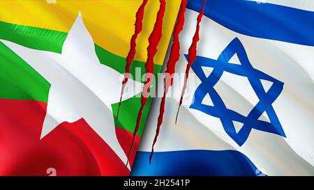 Myanmar et Israël drapeaux avec le concept de cicatrice.Drapeau d'ondulation, rendu 3D.Conflit entre Israël et le Myanmar.Myanmar concept des relations avec Israël. Drapeau de M. Banque D'Images