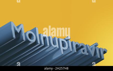 Poltava, Ukraine - 19 octobre 2021 comprimés de Molnupiravir, traitement du covid.Traitement du coronavirus, rendu 3d.texte bleu et fond jaune Banque D'Images
