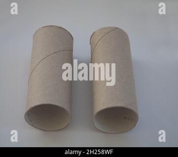 Fermez deux inserts en carton des rouleaux de toilettes usagés. Videz les tablettes des achats de panique Banque D'Images