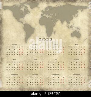Calendrier vintage avec carte du monde Banque D'Images