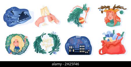 Joyeux Noël et Bonne Année Ensemble autocollant Illustration de Vecteur