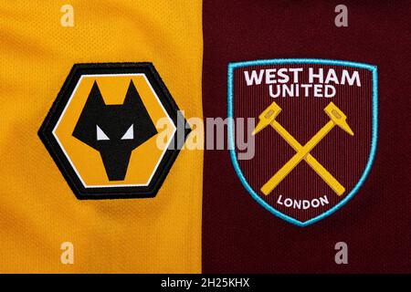 Gros plan sur l'écusson du club Wolves & West Ham United. Banque D'Images