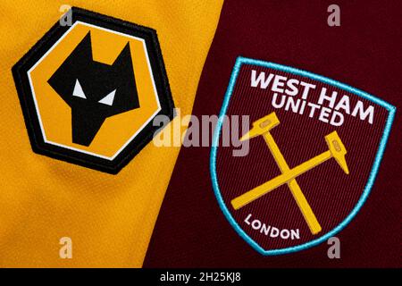 Gros plan sur l'écusson du club Wolves & West Ham United. Banque D'Images