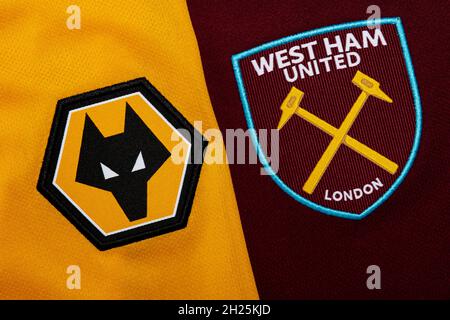 Gros plan sur l'écusson du club Wolves & West Ham United. Banque D'Images