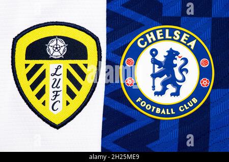 Gros plan sur l'écusson du club Leeds United & Chelsea. Banque D'Images