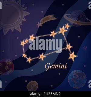 Constellation Doodle des gémeaux symbole du zodiaque signes Illustration vectorielle de l'astrologie et de l'astronomie.Horoscopes étoiles brillantes dans cosmos Illustration de Vecteur