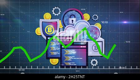 Le graphique vert se déplace au-dessus de la cybersécurité et des icônes de bitcoin contre le bakground bleu Banque D'Images