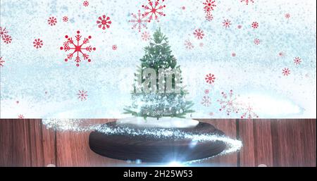 Image de chutes de neige et de taches brillantes sur le globe de neige avec arbre sur fond blanc Banque D'Images