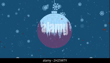 Image de neige tombant sur une boule de noël avec des arbres sur fond bleu Banque D'Images