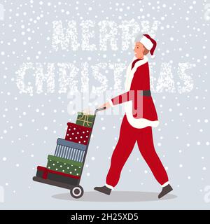 Un homme heureux avec des cadeaux de Noël sur chariot élévateur.Homme portant dans les vêtements du Père Noël sur fond de neige Merry Christmas concept.Illustration vectorielle Illustration de Vecteur