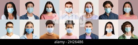 Collage de personnes diverses portant des masques faciaux, prenant des mesures de précaution contre le coronavirus sur des fonds colorés Banque D'Images