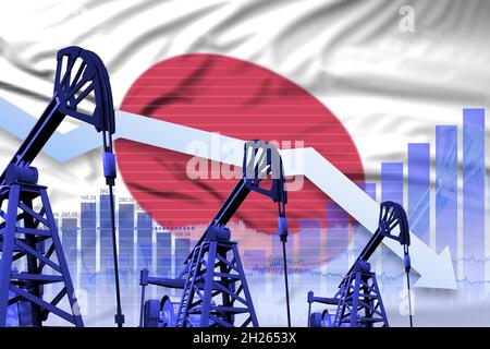 Concept de l'industrie pétrolière japonaise, illustration industrielle - diagramme descendant sur fond de drapeau japonais.Illustration 3D Banque D'Images