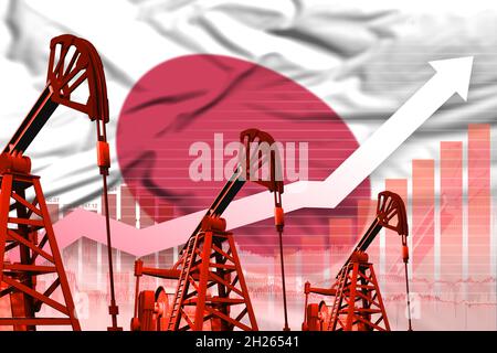 Concept de l'industrie pétrolière japonaise, illustration industrielle - diagramme ascendant sur fond de drapeau japonais.Illustration 3D Banque D'Images