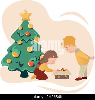 Garçon et fille décorent l'arbre de Noël avec des jouets Illustration de Vecteur