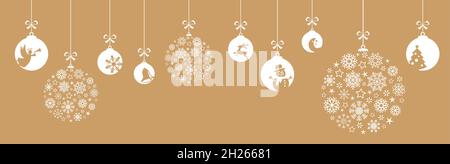 boules suspendues de couleur blanche avec différentes icônes abstraites pour les concepts de noël et d'hiver, boules de neige et de voeux pour noël an Illustration de Vecteur
