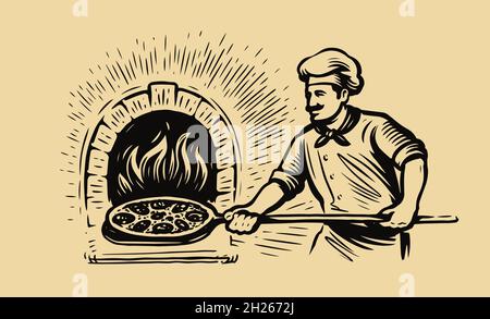 Chef tenant une pelle en bois avec pizza tout en faisant cuire au four à bois.Illustration de la pizza italienne fraîche et chaude Illustration de Vecteur