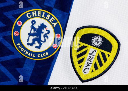 Gros plan sur l'écusson du club Chelsea & Leeds United. Banque D'Images