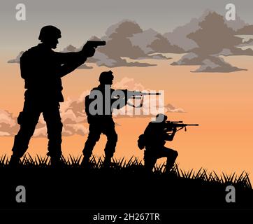 scène de coucher de soleil des soldats de l'escouade Illustration de Vecteur