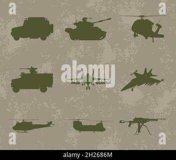 neuf silhouettes d'armes militaires Illustration de Vecteur