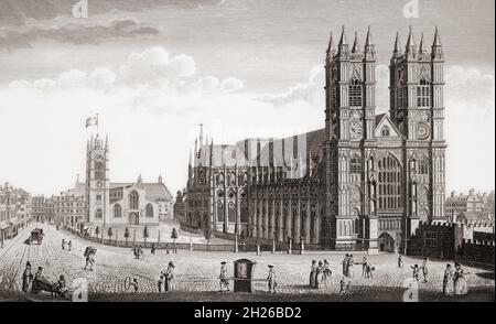 Vue du nord-ouest de l'abbaye de Westminster et de l'église St. Margaret's.Londres, Angleterre.Après une gravure publiée en 1780 par un artiste non identifié. Banque D'Images