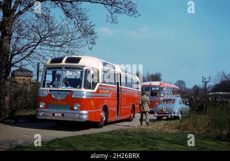 Un entraîneur de la East Kent Road car Company en route vers un rallye en bus à Brighton, East Sussex, Angleterre, Royaume-Uni en 1956.Le véhicule est un tigré Leyland Royal Tiger enregistré HFN 1.Les panneaux de destination indiquent que l'autocar a été utilisé sur les routes continentales de la compagnie vers Francfort, en Allemagne, qui a commencé dans les années 1950.Une plaque «Europabus» est visible à l'avant.La société exploitait des liaisons « Europabus » entre Londres et Douvres Dock pour un voyage en autocar au départ d'Ostende.La East Kent Road car Company Ltd a été créée en 1916 et basée à Canterbury, dans le Kent – une photographie vintage des années 1950. Banque D'Images