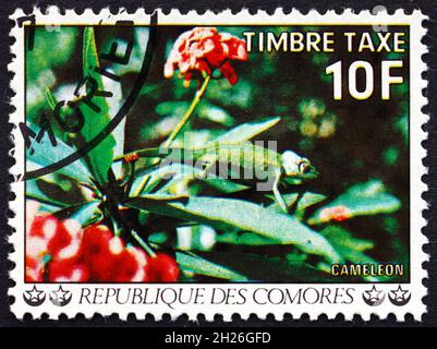 COMORES - VERS 1977 : un timbre imprimé aux Comores montre Chameleon, Lizard, vers 1977 Banque D'Images
