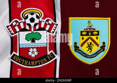 Gros plan sur l'écusson du club de Southampton et Burnley. Banque D'Images