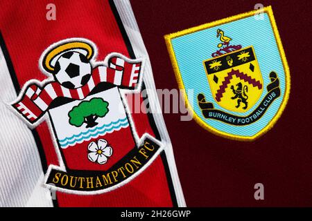 Gros plan sur l'écusson du club de Southampton et Burnley. Banque D'Images