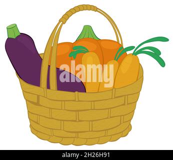 Légumes vectoriels dessinés à la main dans un panier de paille isolé sur fond blanc.Illustration de la moisson de dessins animés à plat avec contours.Produit agricole frais. Illustration de Vecteur
