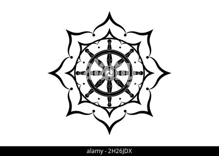 Icône de la roue Dharma.Bouddhisme sacré symbole de fleur de lotus.Dharmachakra, huit pétales.Illustration vectorielle isolée sur fond blanc Illustration de Vecteur