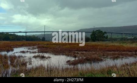 Glasgow, Écosse, Royaume-Uni, 20 octobre 2021.Météo au Royaume-Uni: La pluie a apporté des sentiments d'hiver que les habitants ont lutté dans un jour nuageux a vu la pluie et le soleil au-dessus du pont d'erskine et la rivière clyde tourné de Newshot Island local nature Reserve ...Crédit : Gerard Ferry/Alay Live News Banque D'Images