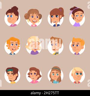 Ravissant avatars pour enfants.Visages d'enfants d'école, portraits d'enfants d'élèves de la maternelle de dessin animé.Rire des personnages en rond décent ensemble de vecteur Illustration de Vecteur