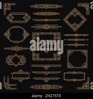 Cadres art déco vintage.Élément Arts, cadre géométrique artistique.Motif graphique de bordure, séparateurs ornementaux.Ensemble de vecteurs de coins antiques dorés Illustration de Vecteur