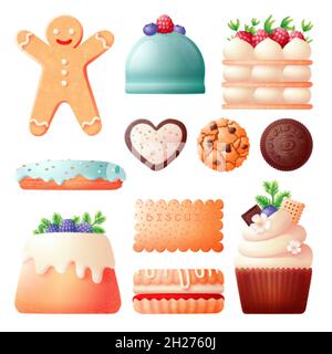 Biscuits et gâteaux.Biscuit sucré, cookie anniversaire et noël.Boulangerie, pain d'épice et dessert au chocolat.Ensemble de pâtisseries crémeuses à vecteur Illustration de Vecteur