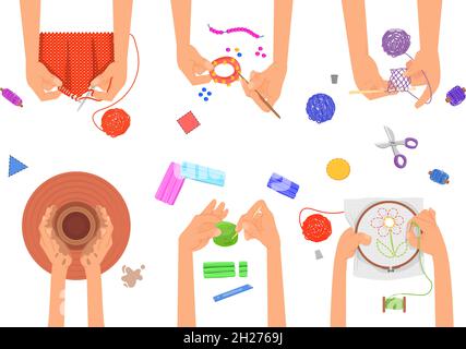 Atelier de création.Dessin d'enfant artistique, vue de dessus, groupe d'enfants, mains sur table.Tricots pour enfants, peinture.Maternelle art thérapie concept de vecteur décent Illustration de Vecteur