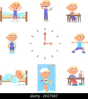 Horaire quotidien des garçons.Dessin animé enfant, école de routine.Mignon enfant manger, dormir, faire de l'hygiène.Isolé Happy préscolaire Guy décent vecteur concept Illustration de Vecteur