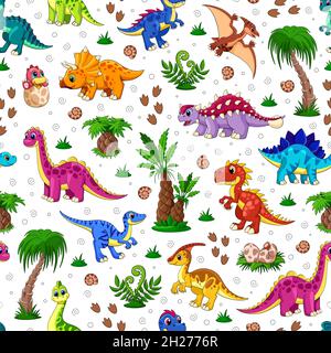 Joli motif dinosaure.Surface Dino, imprimé mode textile pour enfant.Animaux arrière-plan de l'enfance.Dessins animés dinosaures et palmiers garish vecteur sans couture Illustration de Vecteur