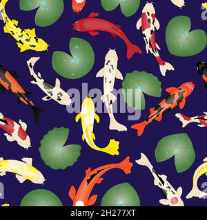 Motif poisson koï sans coutures.Poissons japonais, texture de fleur asiatique traditionnelle.Carpe chinoise, étang de nature orientale avec feuilles de papier peint vectoriel Illustration de Vecteur