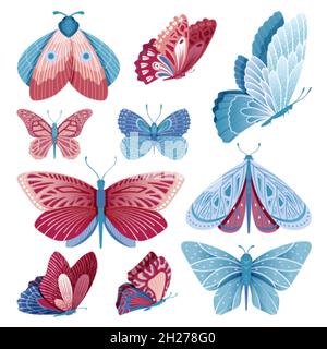 Collection papillons.Papillon volant, isolé multicolore et insecte bleu.Papillon vintage, éléments décoratifs artistiques.Nature sauvage vecteur marécageux Illustration de Vecteur