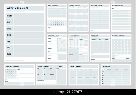 Modèles de planificateur vides.Planificateurs d'affaires, pages hebdomadaires, quotidiennes ou de repas.Cahiers de notes, stratégie et objectifs annuels.Liste des tâches, journal récent Illustration de Vecteur