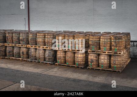 Des rangées de gros barils en bois sur des palettes avec whisky ou vin prêts pour le transport dans la ville de Bushmills, en Irlande du Nord Banque D'Images