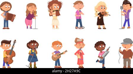 Enfants musiciens.Enfants avec microphone, chanteur de dessin animé et musicien.Les enfants jouent sur des instruments de musique, des personnages de vecteur décent de concert de dessins animés Illustration de Vecteur