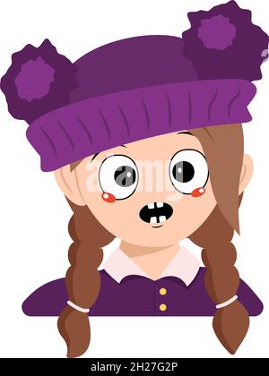 Avatar d'une fille avec des émotions panique, visage surpris, yeux choqués dans chapeau violet avec pompon.Tête d'enfant avec expression effrayée Illustration de Vecteur